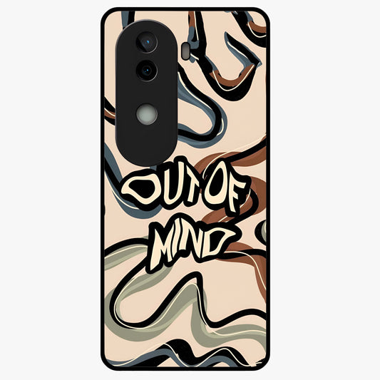 Out Of Mind Glass Case showing flat back view with expressive typography artwork and glossy glass finish.