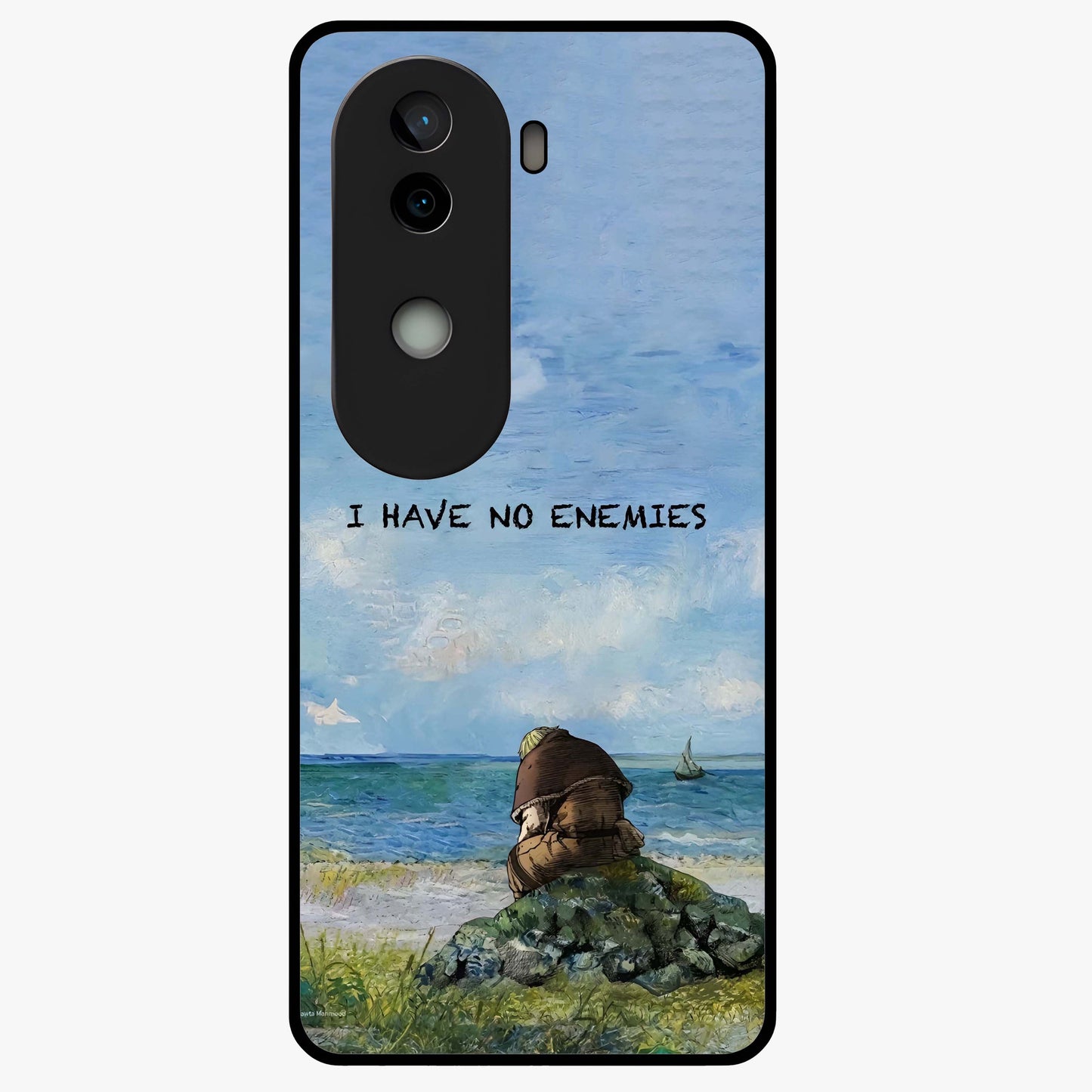 Peace Beyond War Glass Case showing flat back view with symbolic peace themed artwork and glossy glass finish.