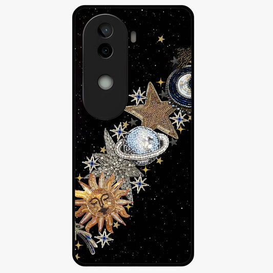 Pearls Universe Object Glass Case showing flat back view with pearl inspired cosmic artwork and glossy glass finish.