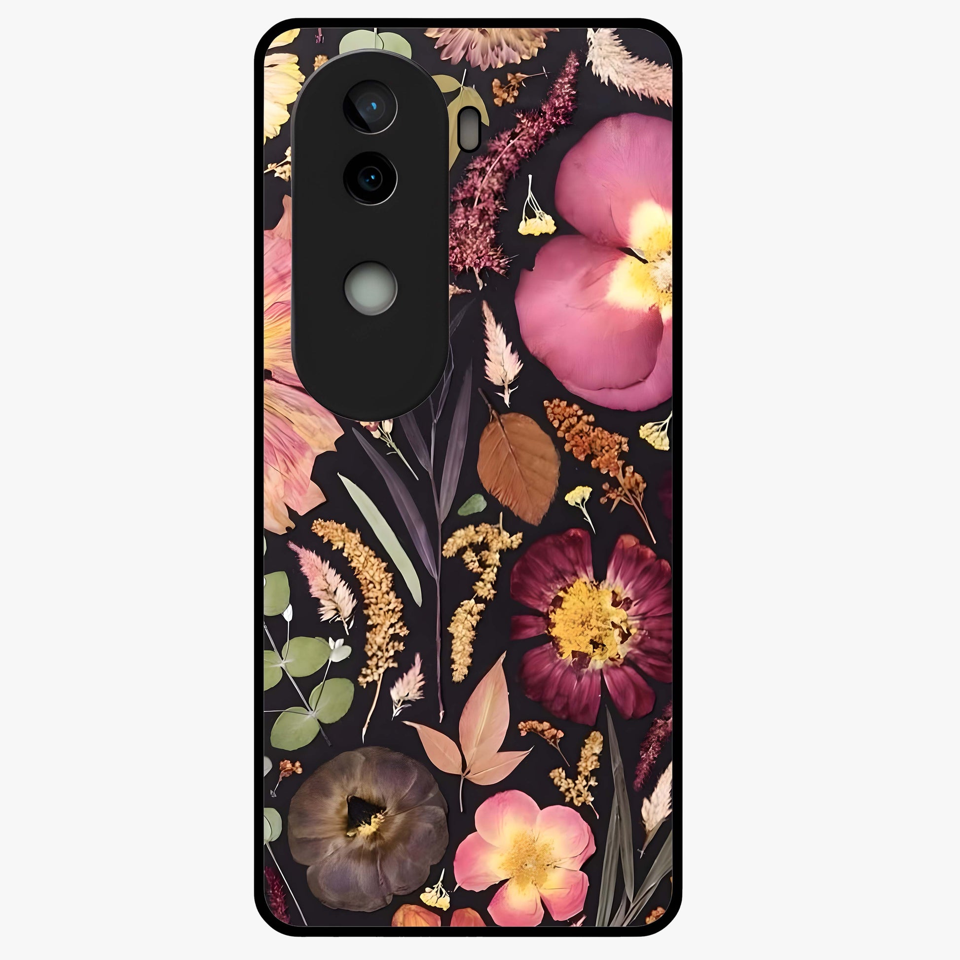 Petal Dream Tapestry Glass Case showing flat back view with intricate floral tapestry artwork and glossy glass finish.