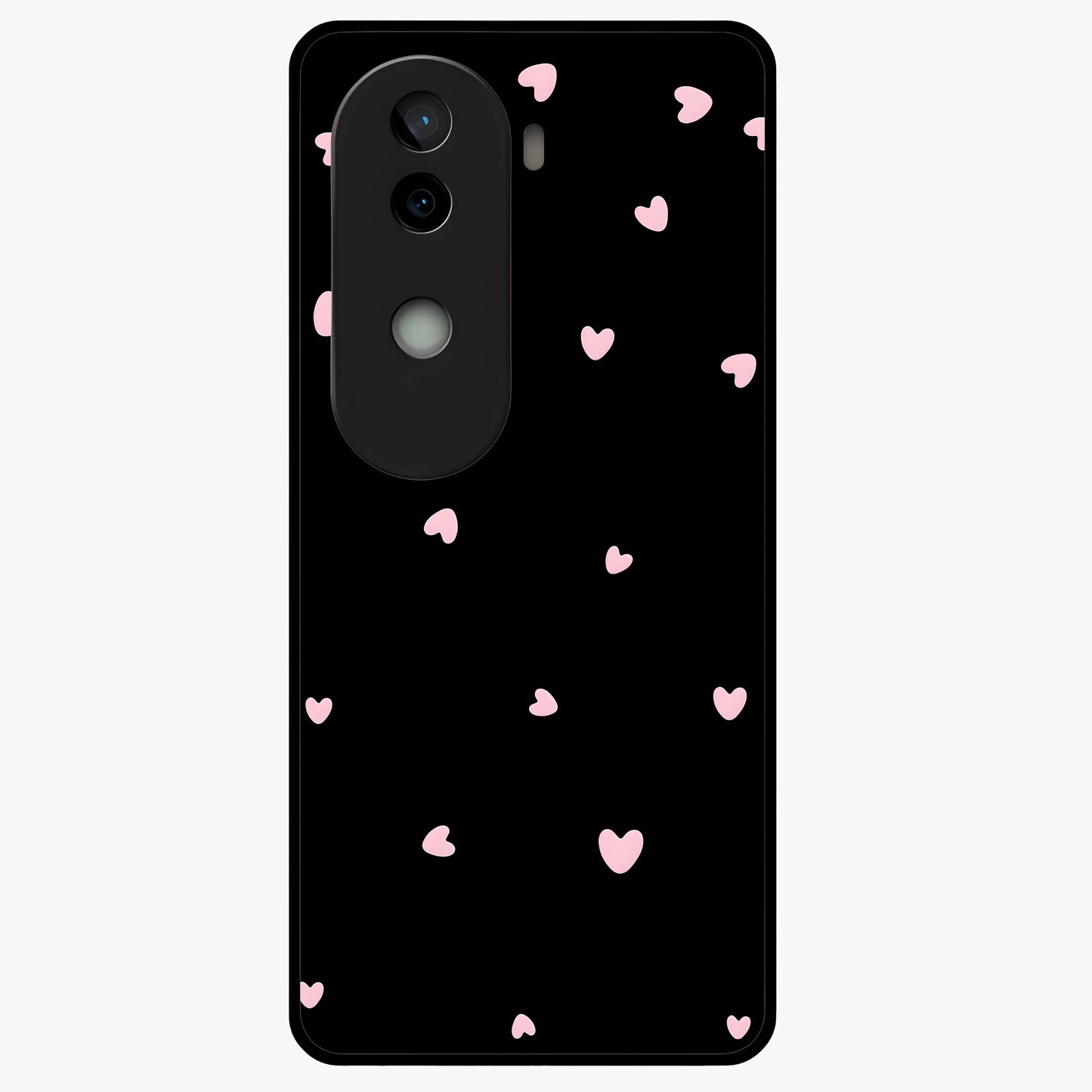 Pink Love Drops Glass Case showing flat back view with playful pink heart drops artwork and glossy glass finish.