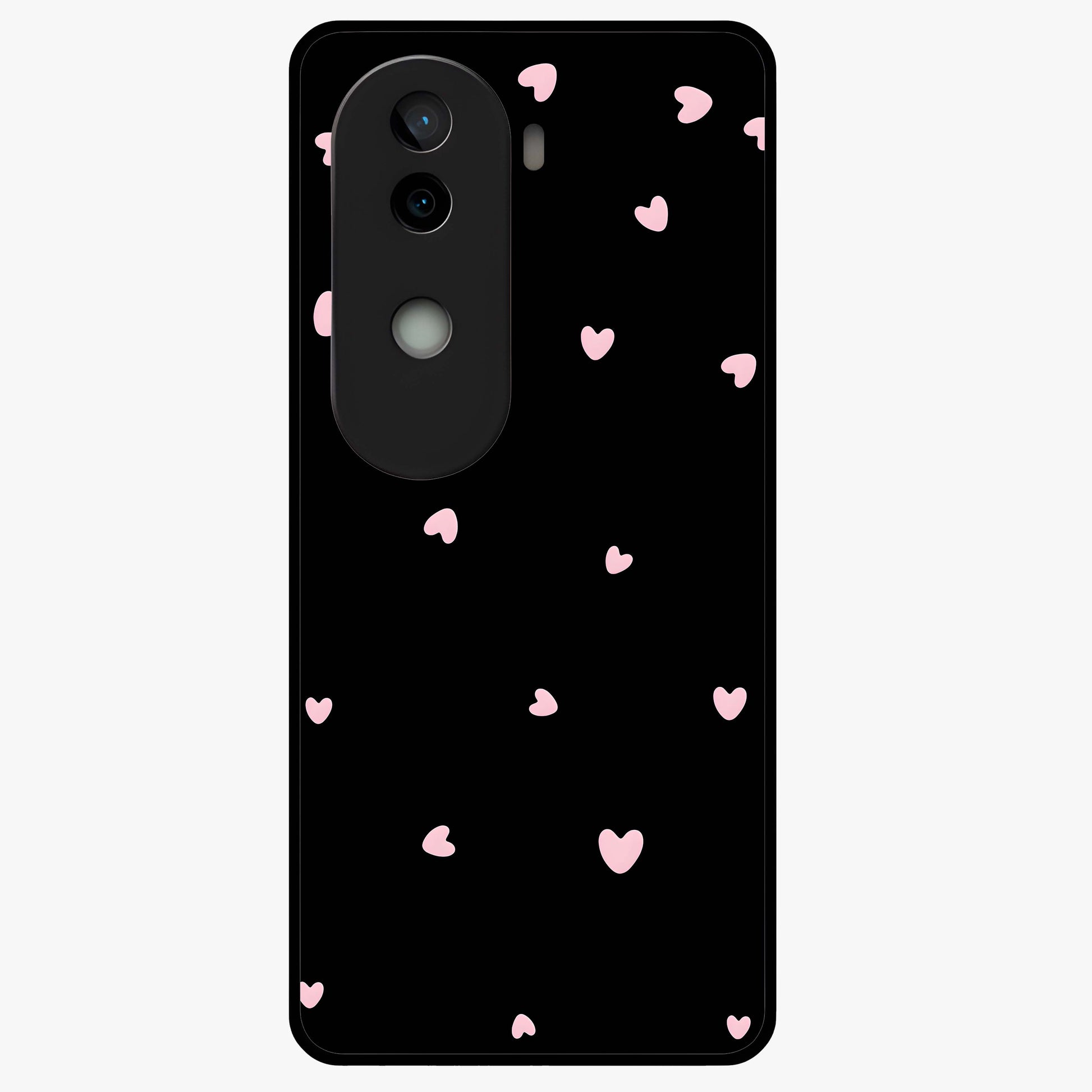 Pink Love Drops Glass Case showing flat back view with playful pink heart drops artwork and glossy glass finish.