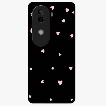 Pink Love Drops Glass Case showing flat back view with playful pink heart drops artwork and glossy glass finish.