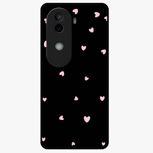 Pink Love Drops Glass Case showing flat back view with playful pink heart drops artwork and glossy glass finish.