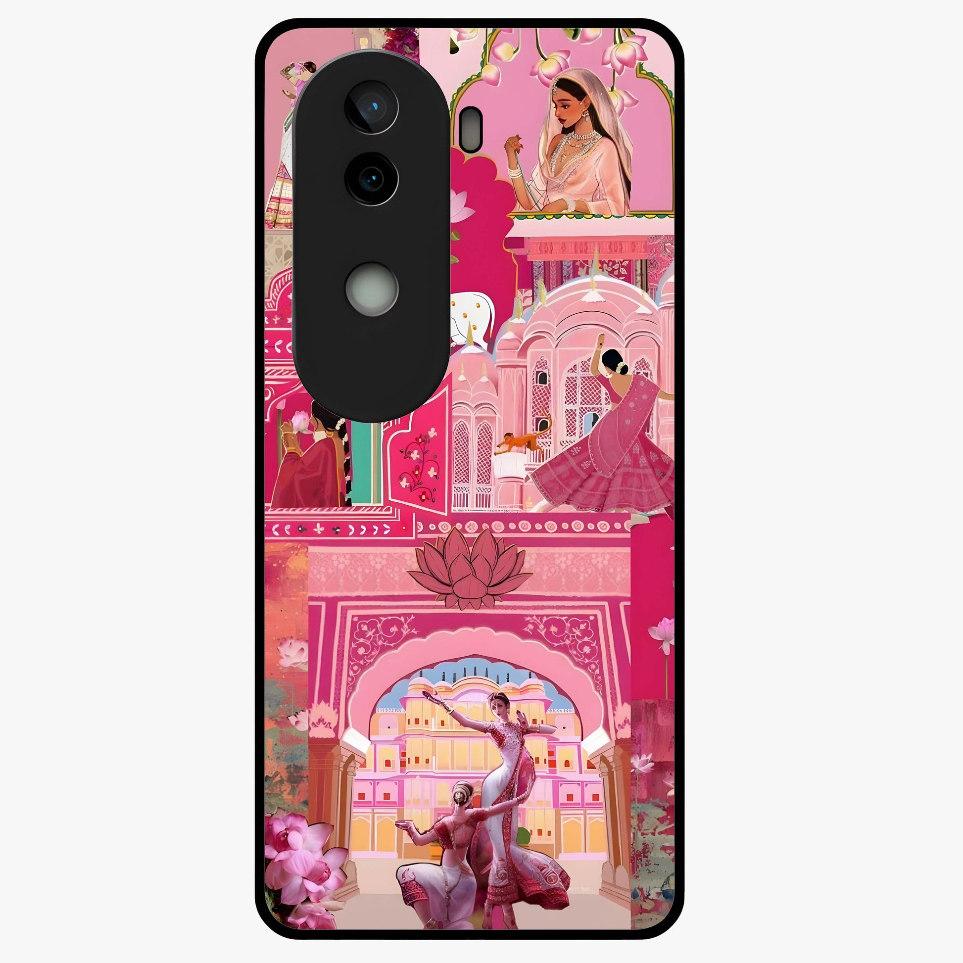 Pink Palace Muse Glass Case showing flat back view with elegant palace inspired artwork and glossy glass finish.