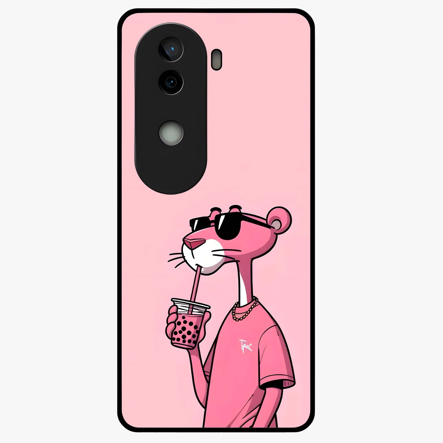 Pink Panther Glass Case showing flat back view with iconic pink panther artwork and glossy glass finish.