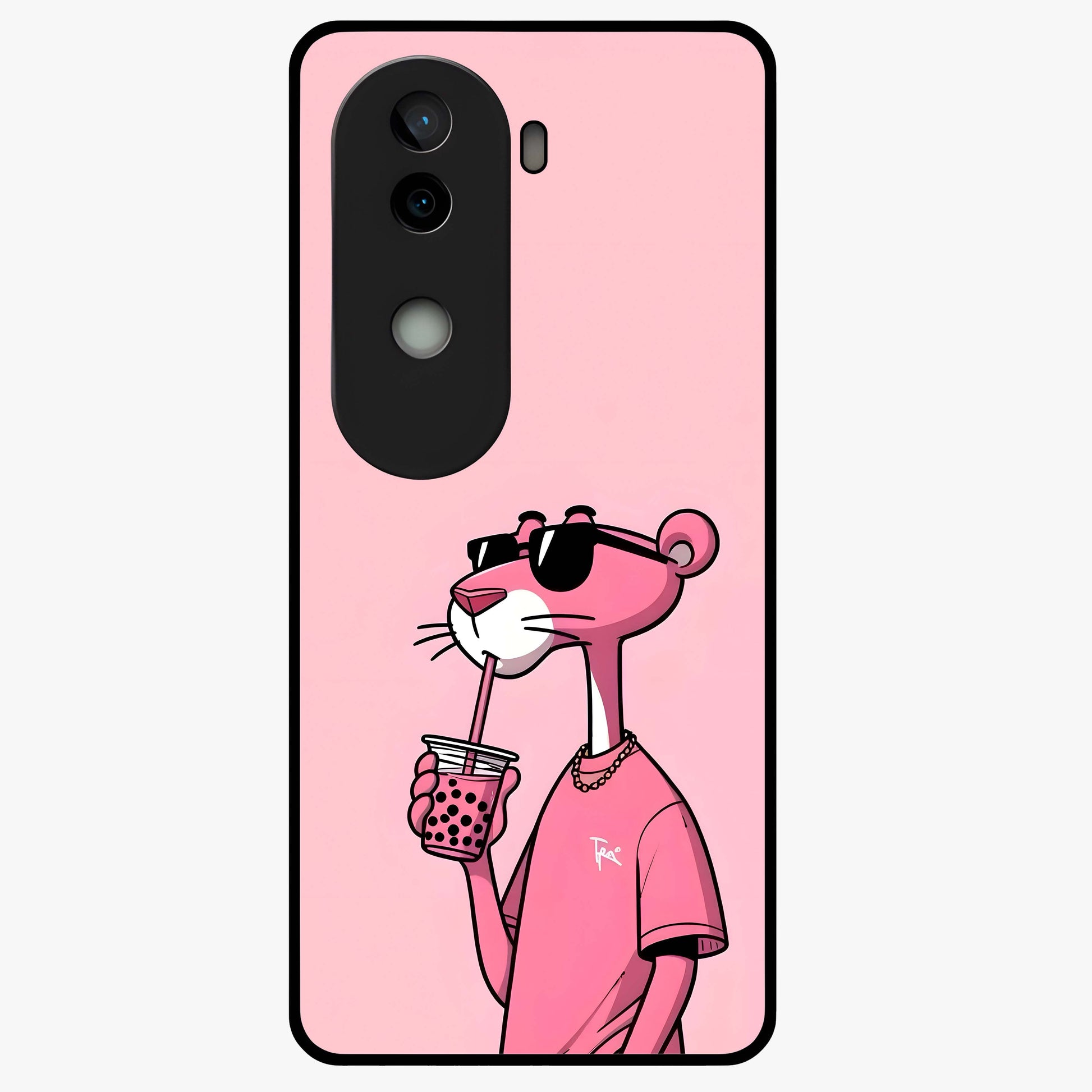Pink Panther Glass Case showing flat back view with iconic pink panther artwork and glossy glass finish.