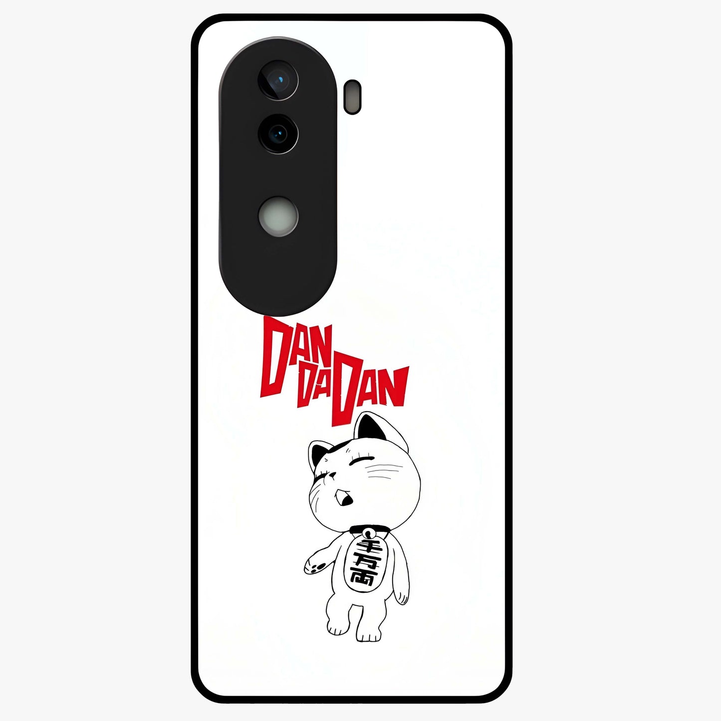 Playful Spirit Charm Glass Case showing flat back view with cheerful charm themed artwork and glossy glass finish.