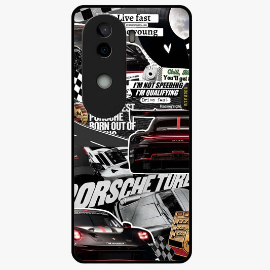 Porsche Racing Collage Glass Case showing flat back view with sports car racing collage artwork and glossy glass finish.
