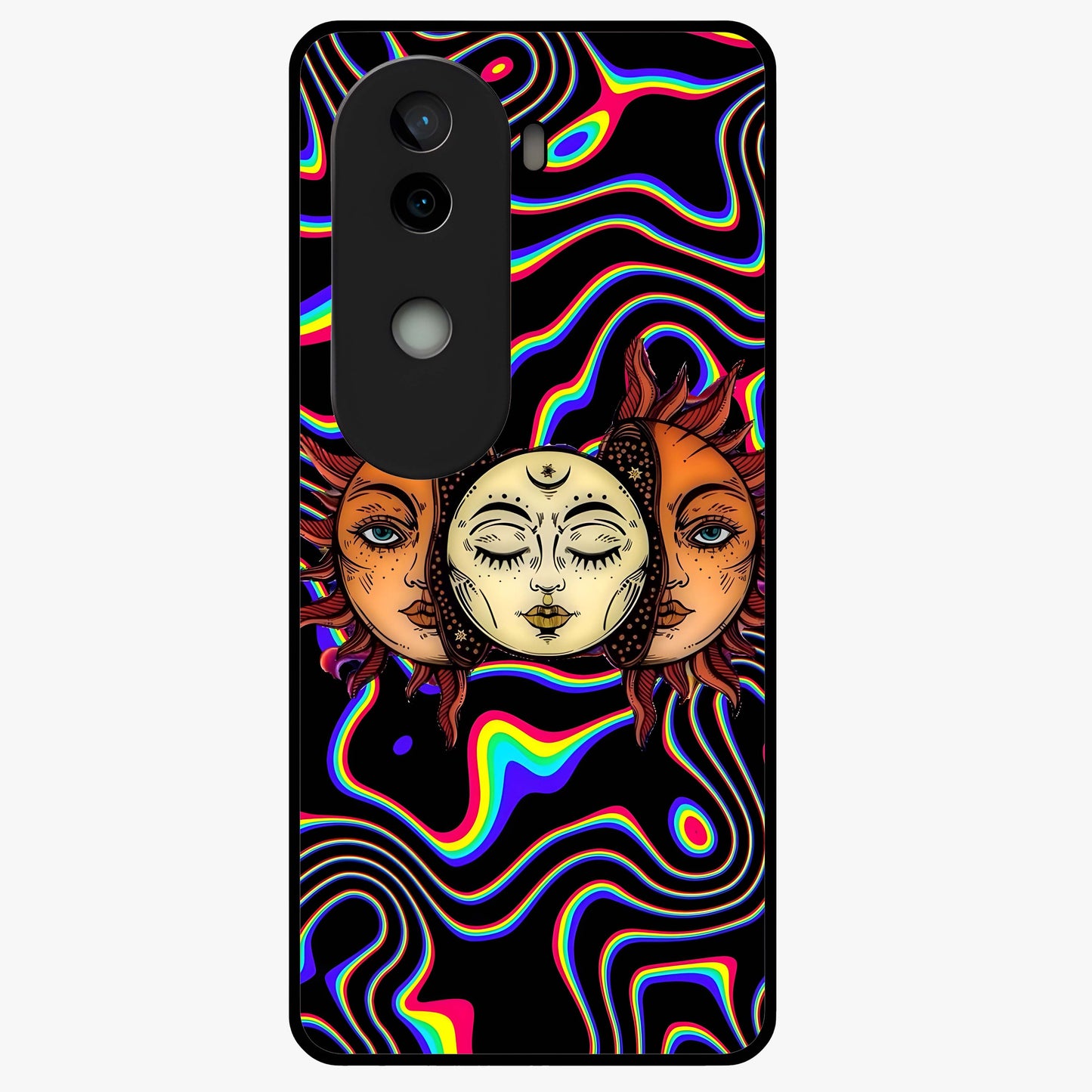 Psychedelic Sun Glass Case showing flat back view with colorful psychedelic sun artwork and glossy glass finish.