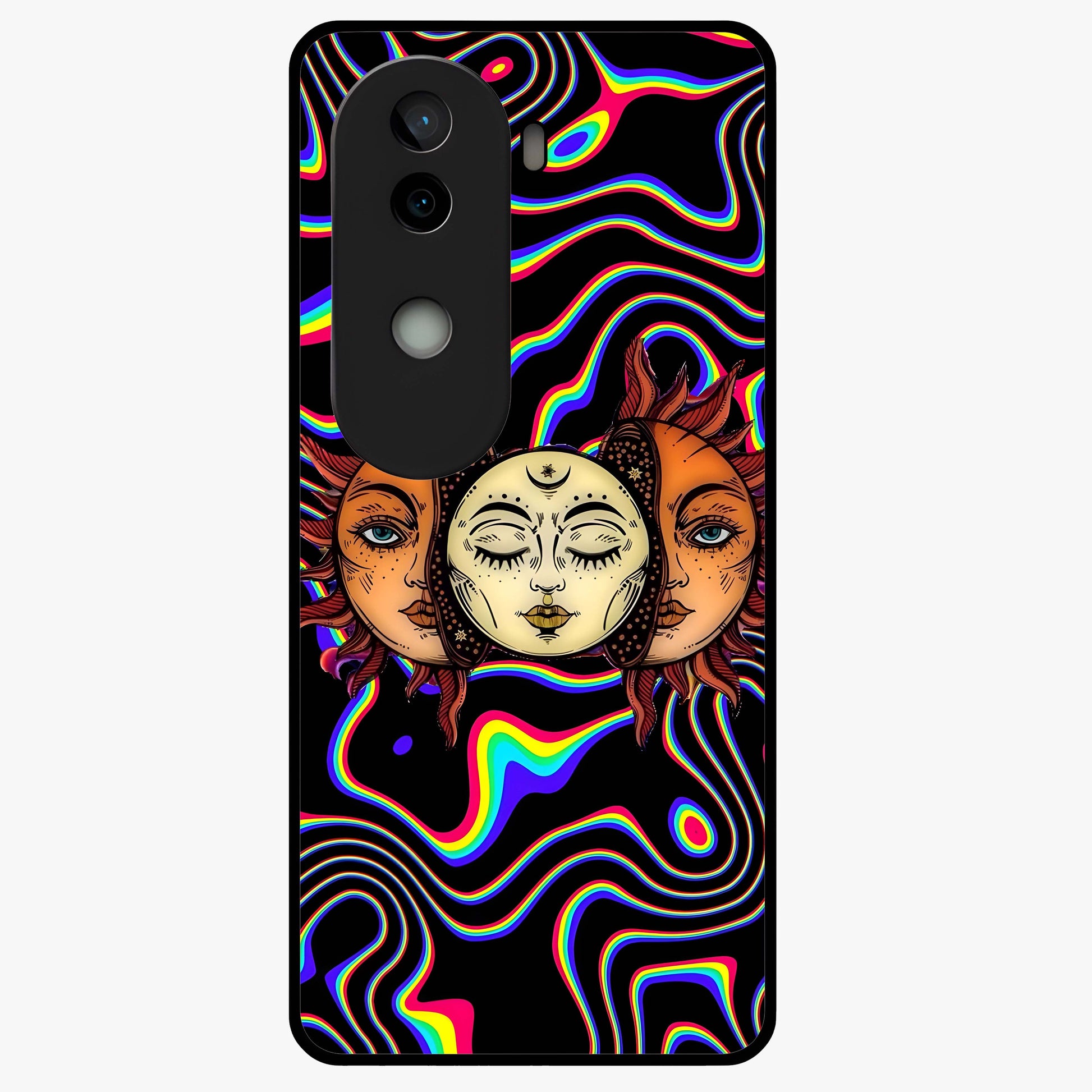 Psychedelic Sun Glass Case showing flat back view with colorful psychedelic sun artwork and glossy glass finish.