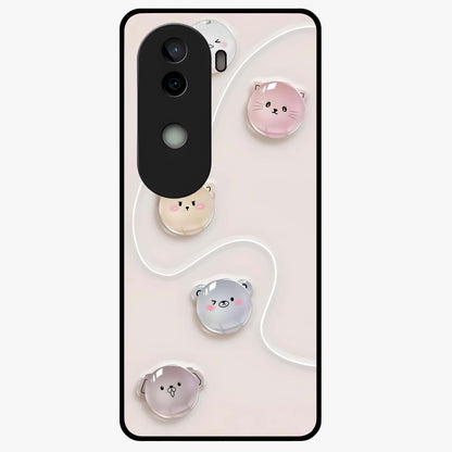 Puffy Face Parade Glass Case showing flat back view with cute puffy character faces artwork and glossy glass finish.