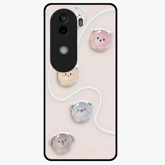 Puffy Face Parade Glass Case showing flat back view with cute puffy character faces artwork and glossy glass finish.