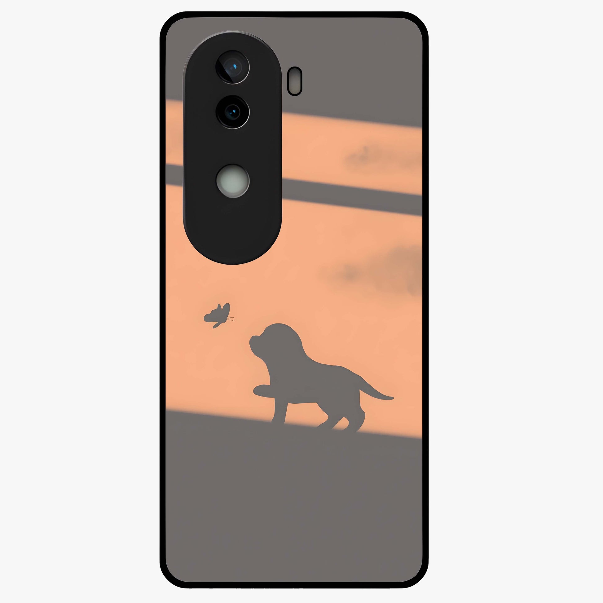 Puppy Shadow Art Glass Case showing flat back view with cute puppy shadow style artwork and glossy glass finish.