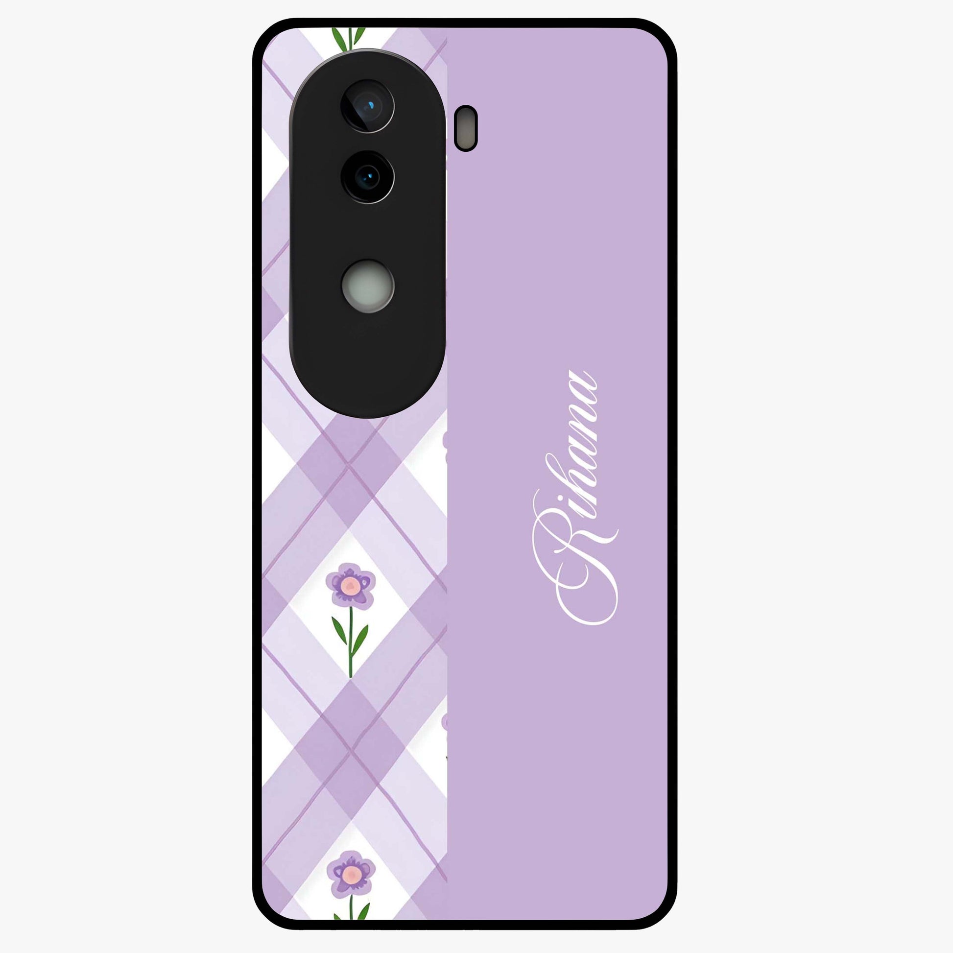 Purple Diamond Floral Glass Case showing flat back view with diamond shaped floral artwork and glossy glass finish.