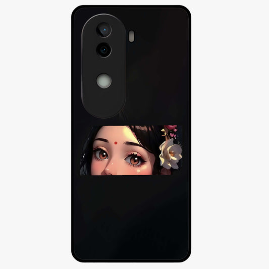 Radha Divine Embrace Glass Case showing flat back view with devotional Radha artwork and glossy glass finish.