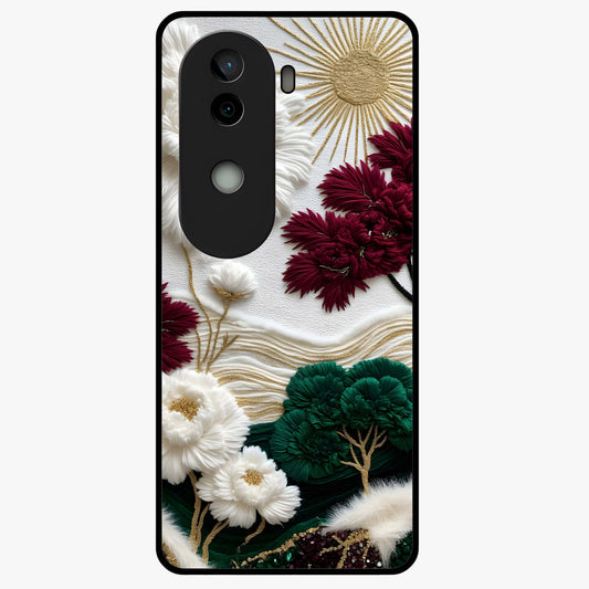 Radiant Bloom Elegance Glass Case showing flat back view with elegant blooming flower artwork and glossy glass finish.