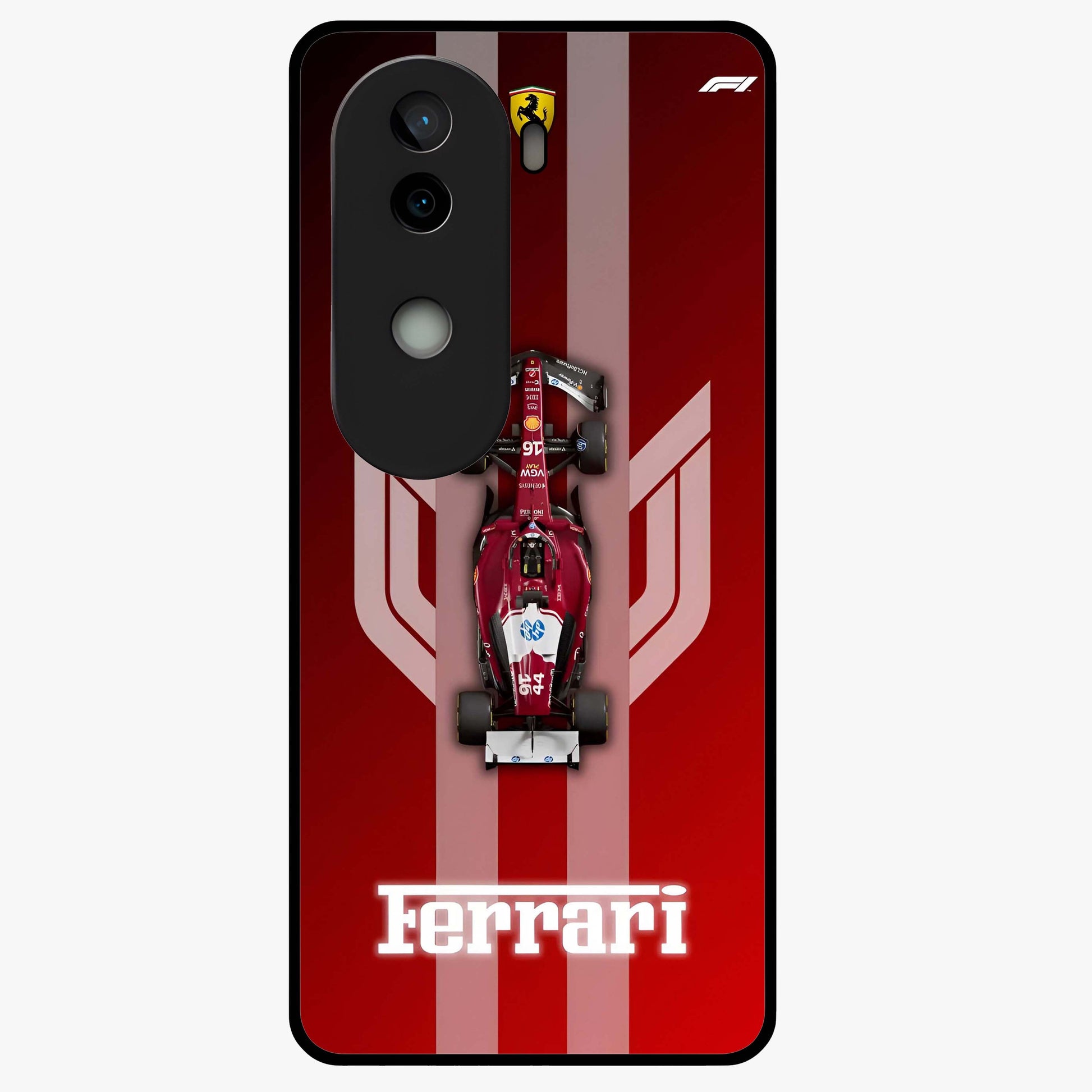 Red Ferrari F1 Vertical Glass Case showing flat back view with sleek Formula racing car artwork and glossy glass finish.