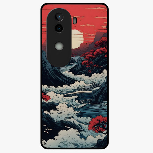 Red Sunset Scenery Glass Case showing flat back view with vibrant sunset landscape artwork and glossy glass finish.