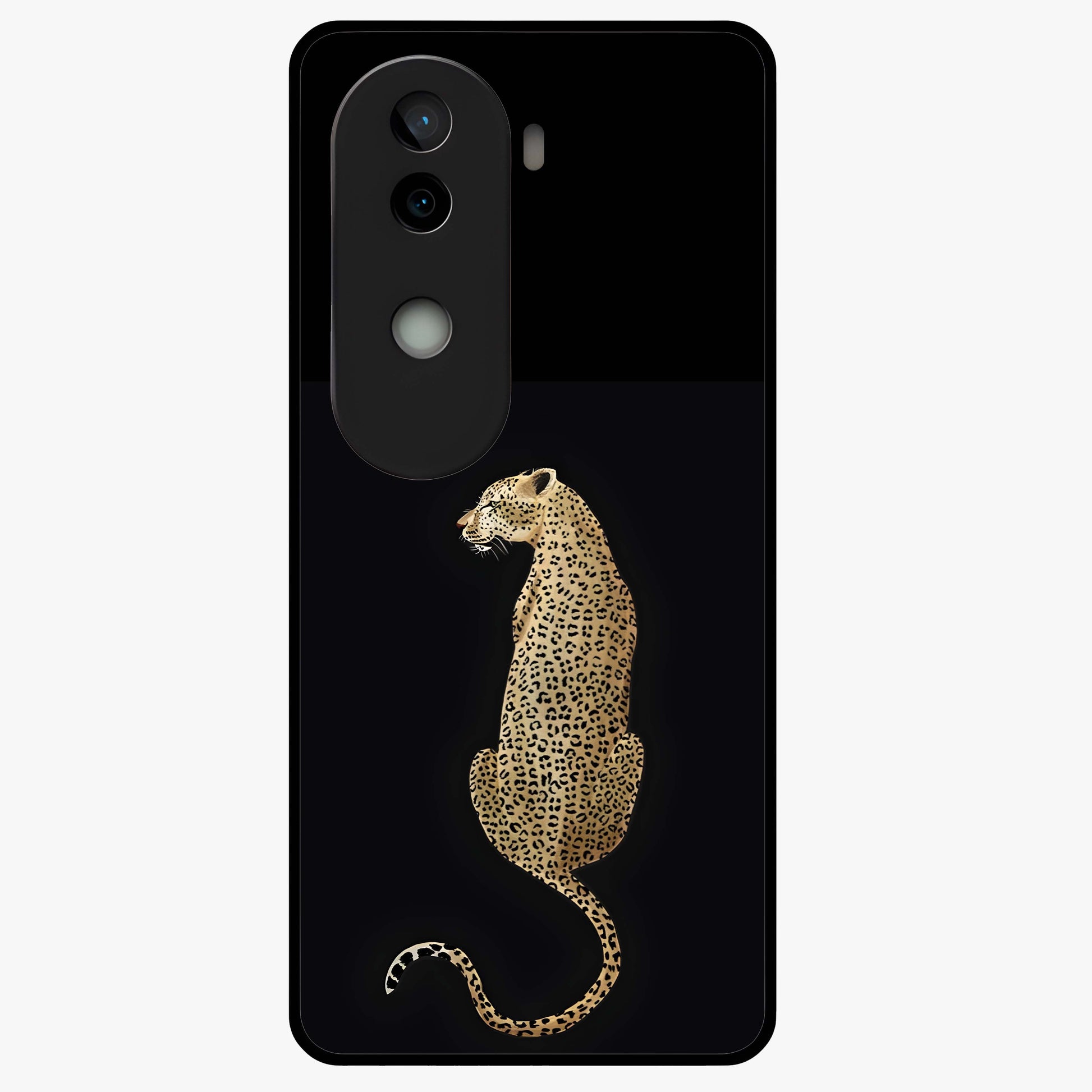 Regal Leopard Glass Case showing flat back view with bold leopard artwork and glossy glass finish.