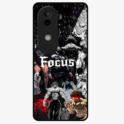 Relentless Power Focus Glass Case showing flat back view with motivational typography artwork and glossy glass finish.