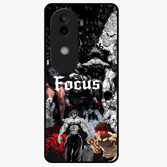 Relentless Power Focus Glass Case showing flat back view with motivational typography artwork and glossy glass finish.