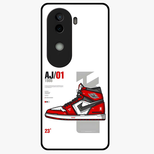 Retro Sneaker Blueprint Glass Case showing flat back view with sneaker blueprint style artwork and glossy glass finish.