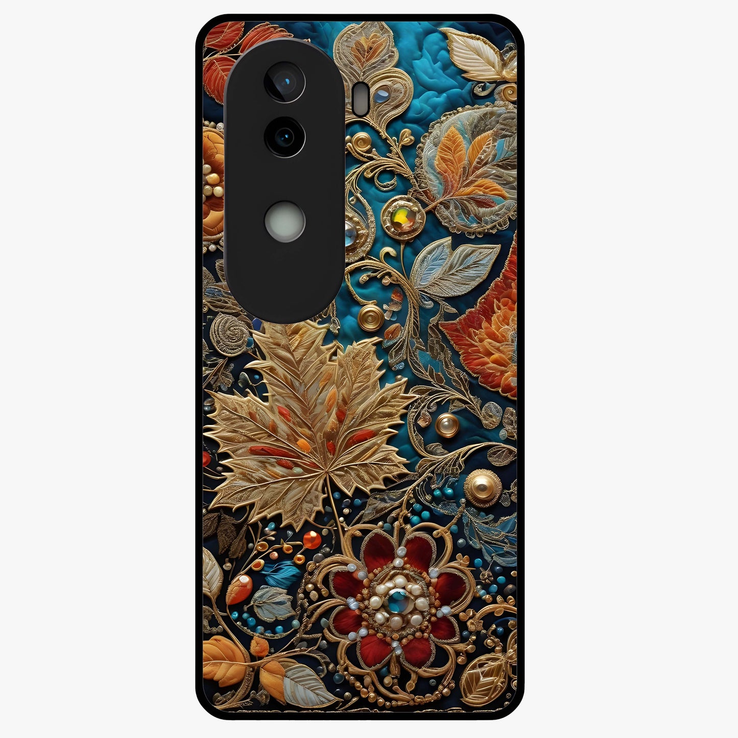 Royal Jewel Garden Glass Case showing flat back view with decorative floral garden artwork and glossy glass finish.