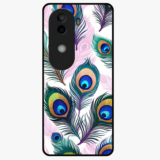 Royal Peacock Feathers Glass Case showing flat back view with colorful peacock feather artwork and glossy glass finish.