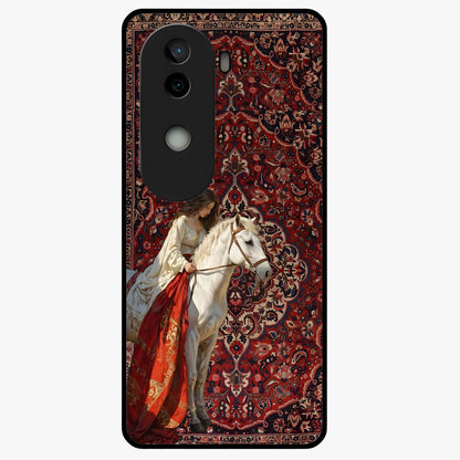 Royal Rider Tapestry Glass Case showing flat back view with majestic horse rider tapestry artwork and glossy glass finish.