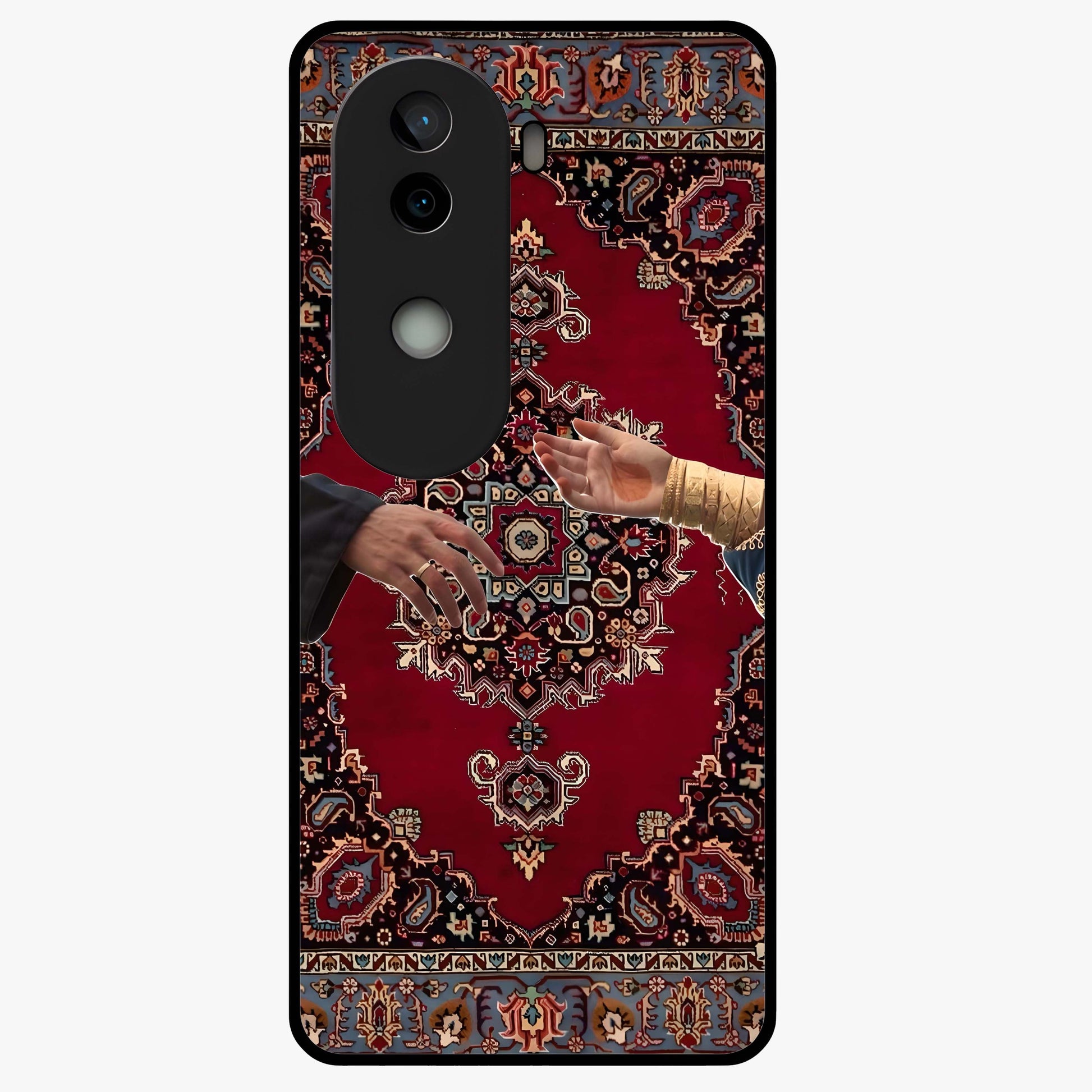 Royal Touch Reach Glass Case showing flat back view with elegant royal themed artwork and glossy glass finish.