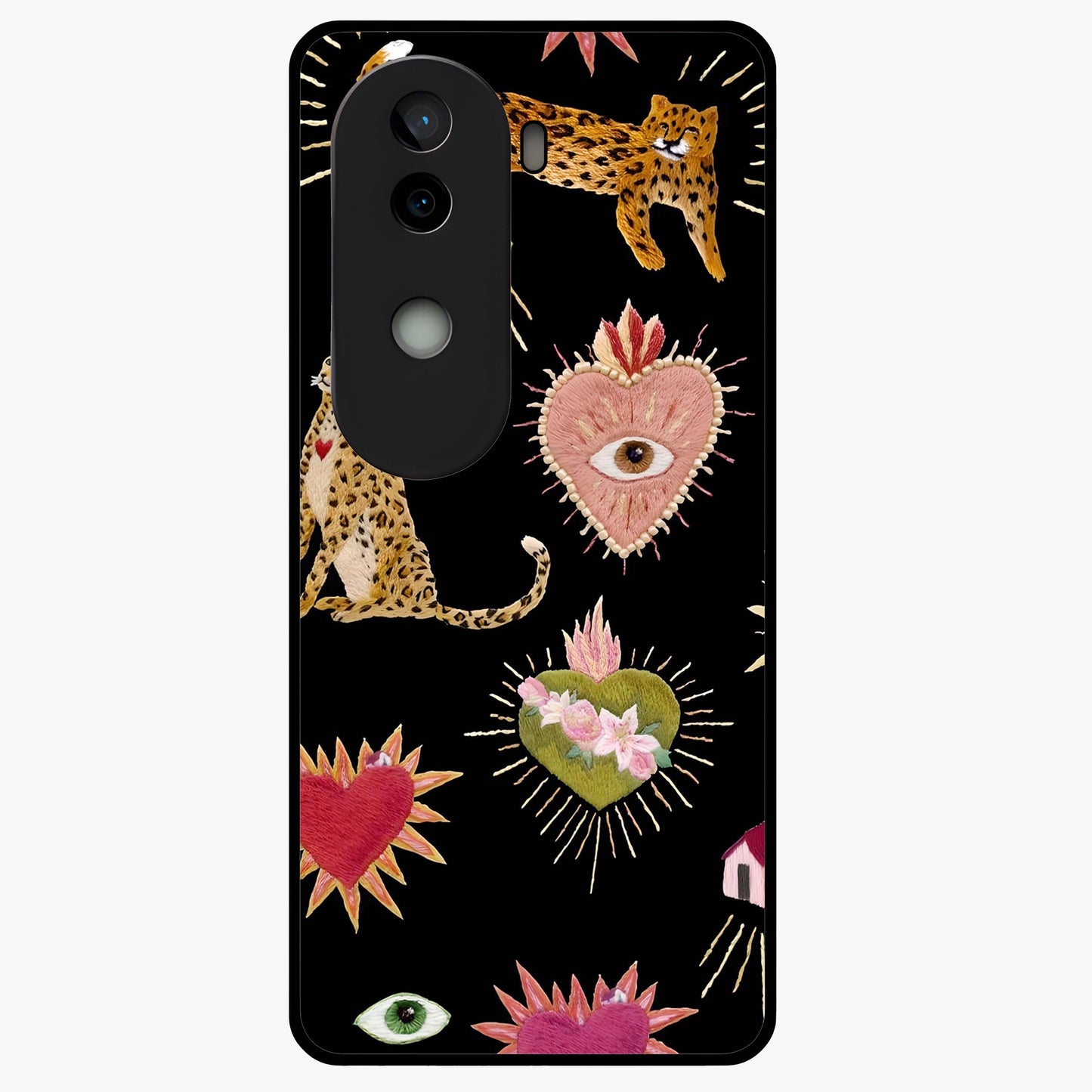 Sacred Jungle Heart Glass Case showing flat back view with jungle inspired heart artwork and glossy glass finish.