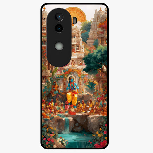 Sacred Sunlight Gods Glass Case showing flat back view with divine sunlight themed artwork and glossy glass finish.