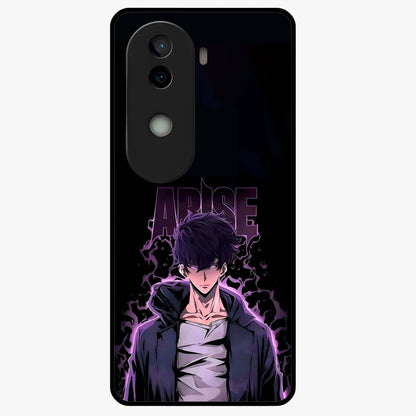 Shadow Monarch Awakening Glass Case showing flat back view with powerful dark monarch themed artwork and glossy glass finish.