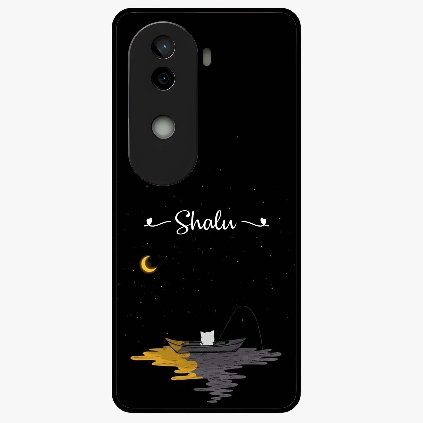 Silent Night Row Glass Case showing flat back view with calm night themed artwork and glossy glass finish.