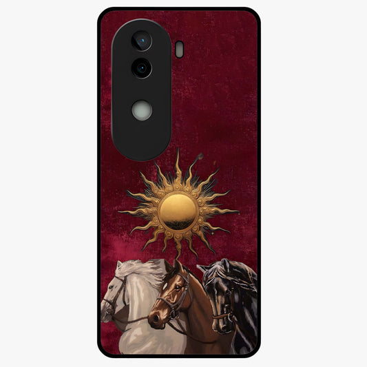 Solar Riders Glass Case showing flat back view with dynamic rider themed artwork and glossy glass finish.