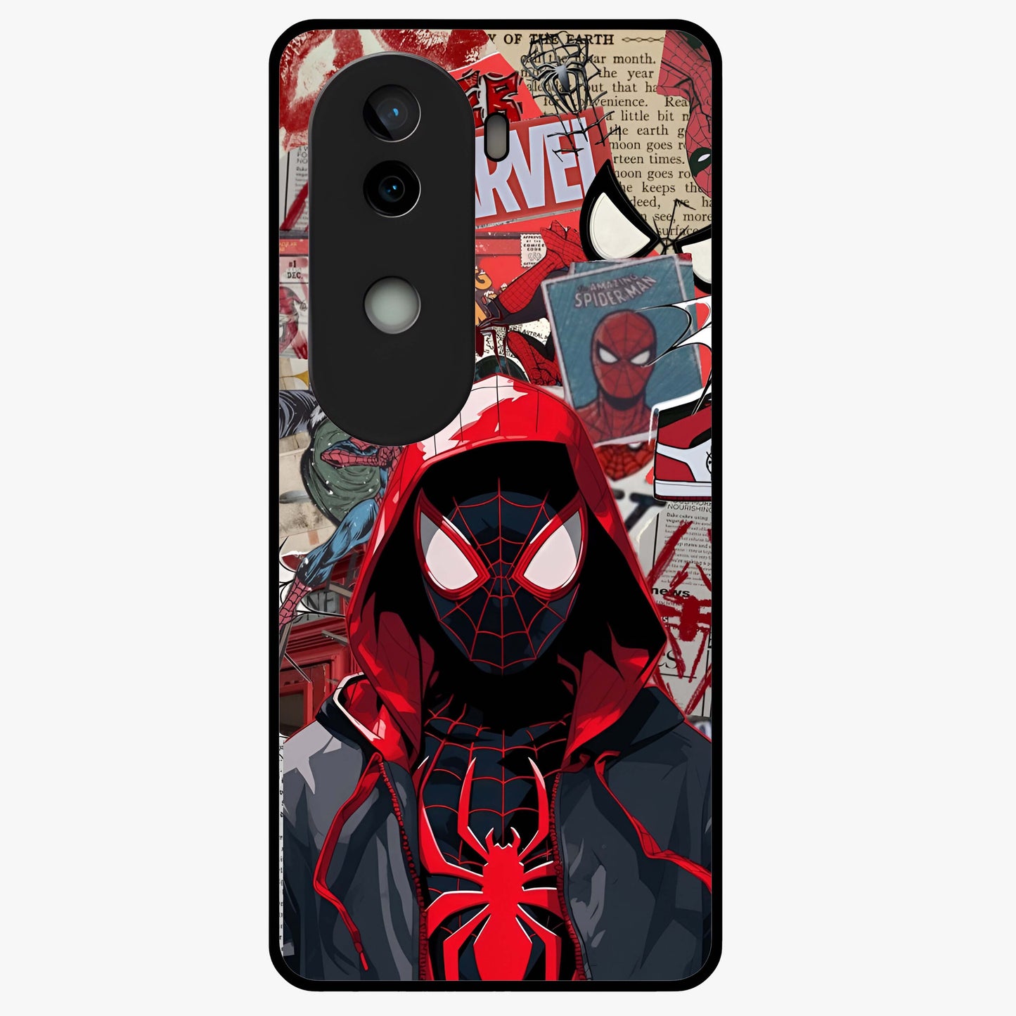 Spider Collage Street Glass Case showing flat back view with vibrant superhero collage artwork and glossy glass finish.