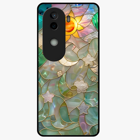 Stained Sunrise Glow Glass Case showing flat back view with glowing sunrise stained pattern artwork and glossy glass finish.