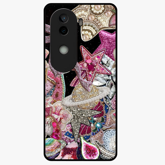 Starlit Jewel Dream Glass Case showing flat back view with sparkling jewel and star themed artwork and glossy glass finish.