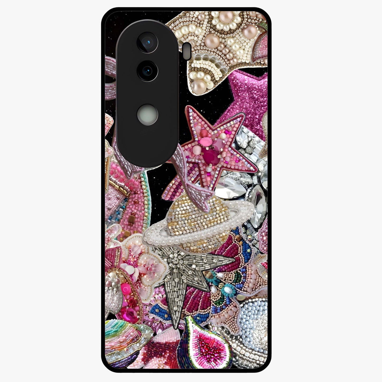 Starlit Jewel Dream Glass Case showing flat back view with sparkling jewel and star themed artwork and glossy glass finish.