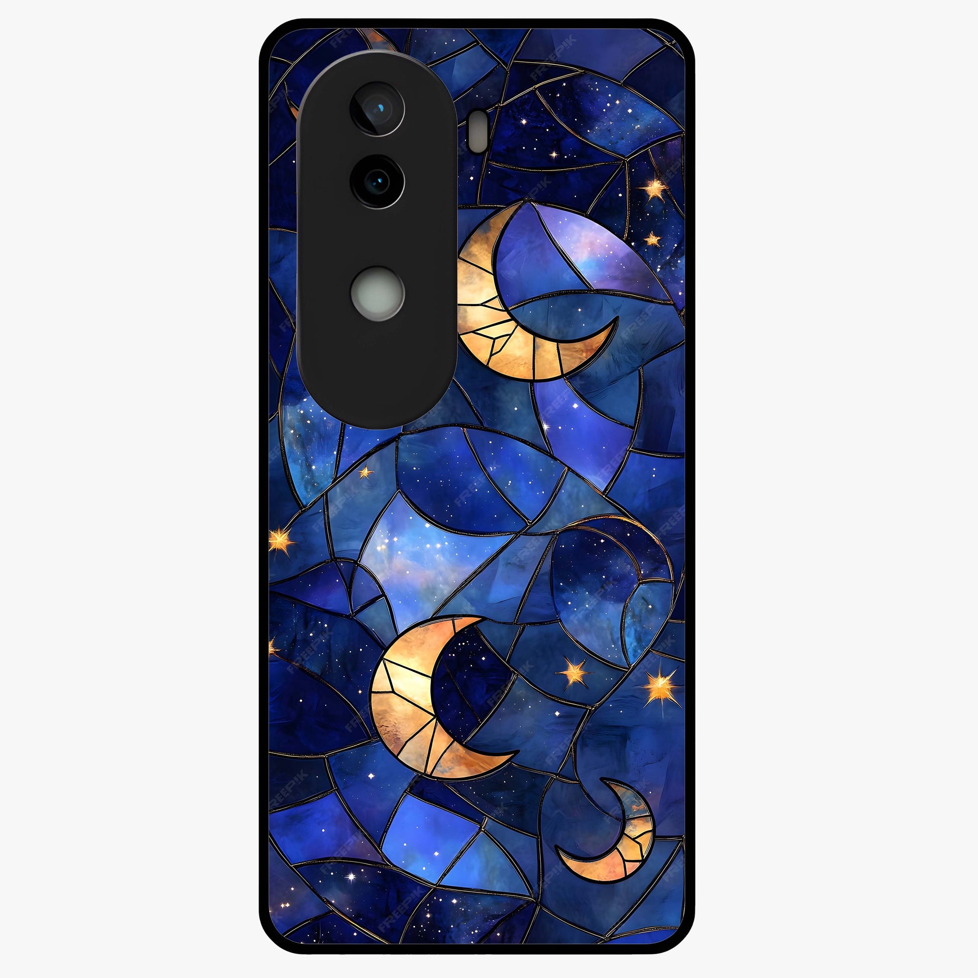 Starlit Sky Tapestry Glass Case showing flat back view with decorative starry sky tapestry artwork and glossy glass finish.
