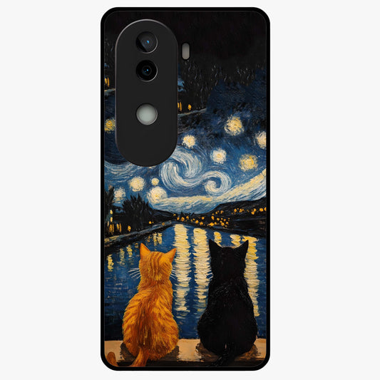 Starry River Cats Glass Case showing flat back view with cats by a starry river artwork and glossy glass finish.