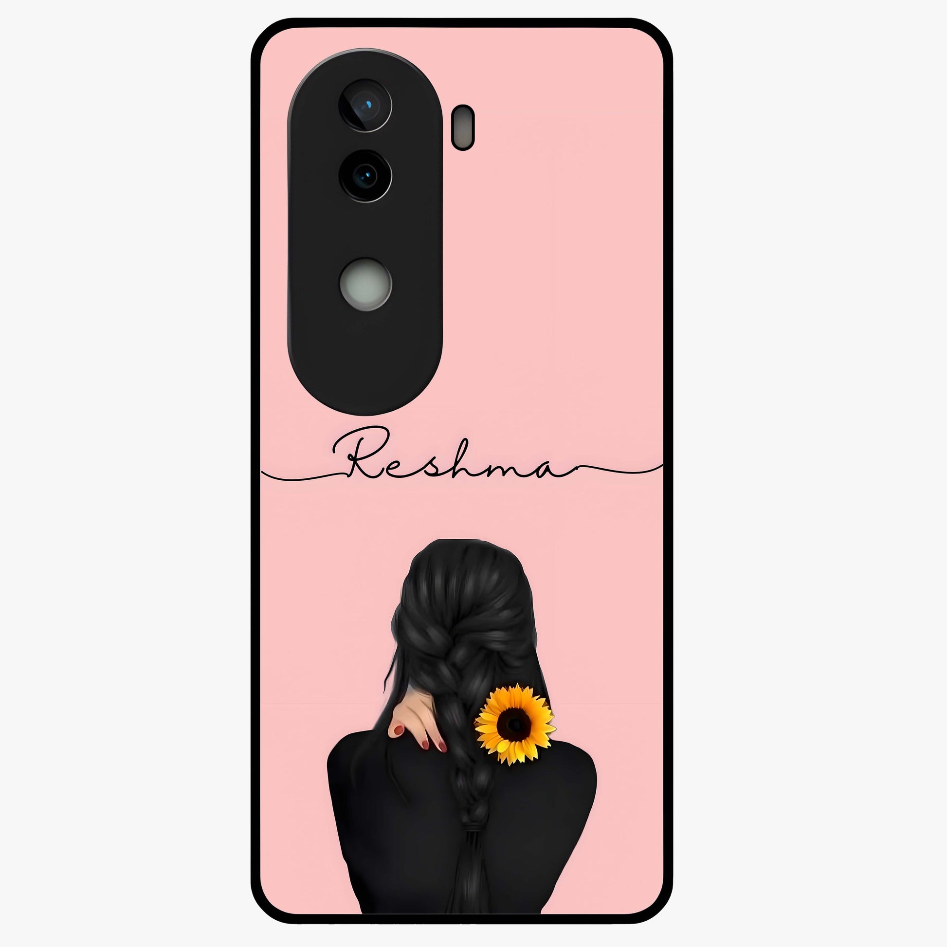 Sunflower Braid Beauty With Custom Name Glass Case showing flat back view with sunflower braid artwork and personalized name design.