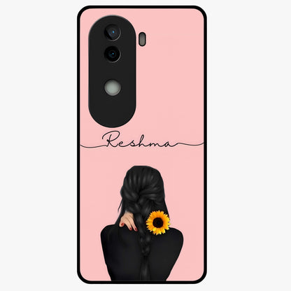 Sunflower Braid Beauty With Custom Name Glass Case showing flat back view with sunflower braid artwork and personalized name design.