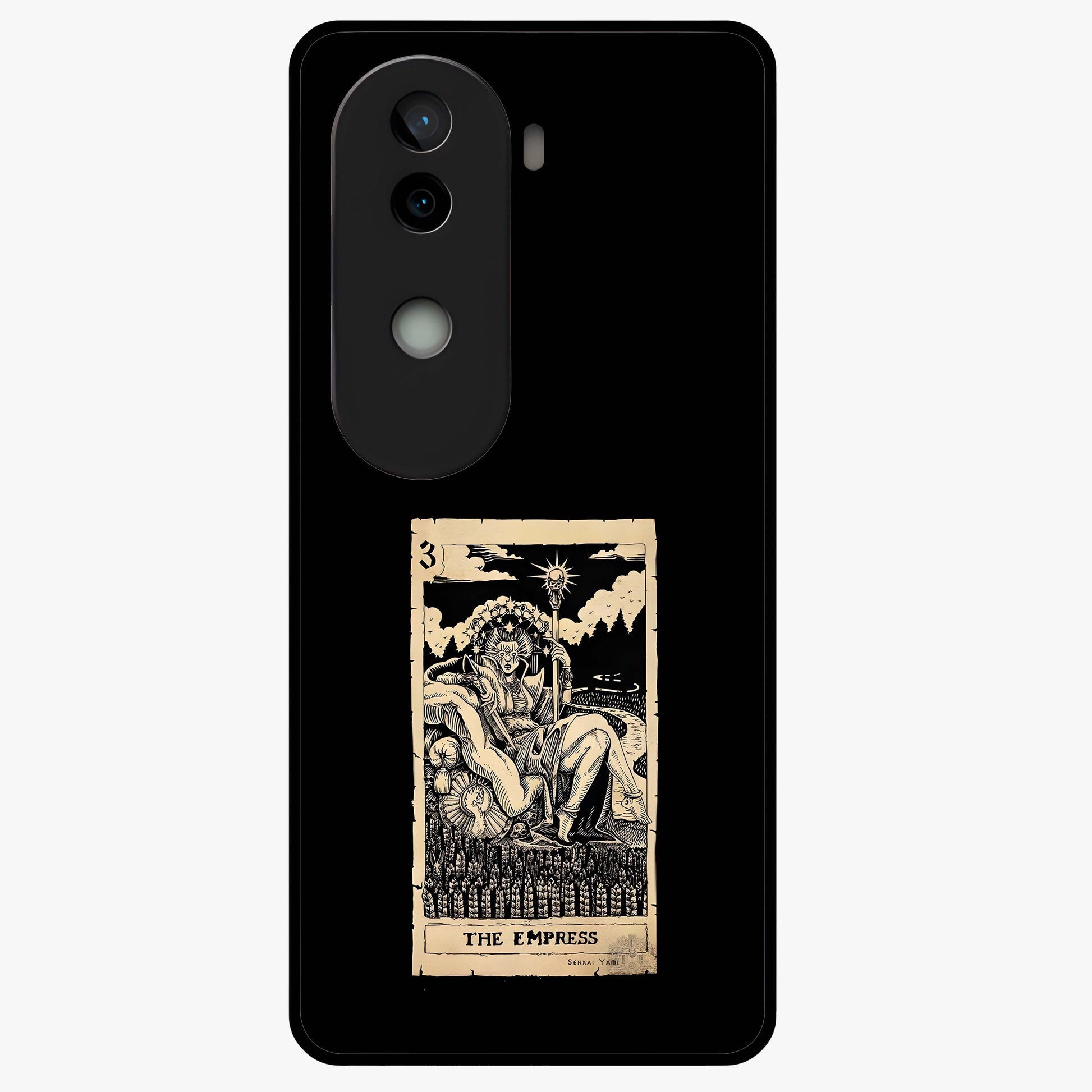 The Empress Glass Case showing flat back view with regal feminine artwork and glossy glass finish.