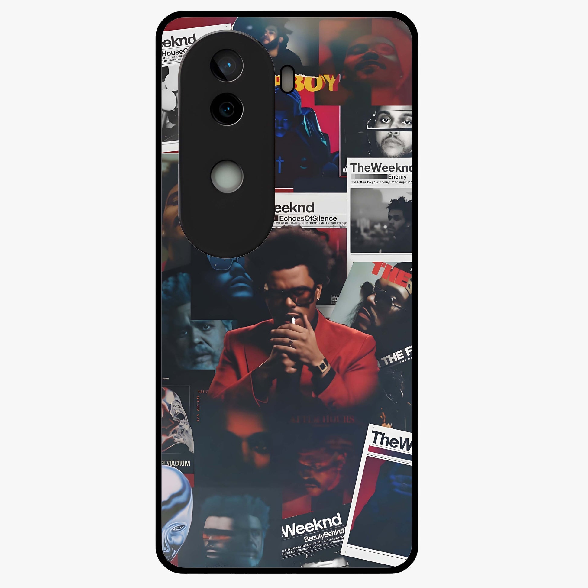 The Weeknd Glass Case showing flat back view with music inspired artistic portrait artwork and glossy glass finish.
