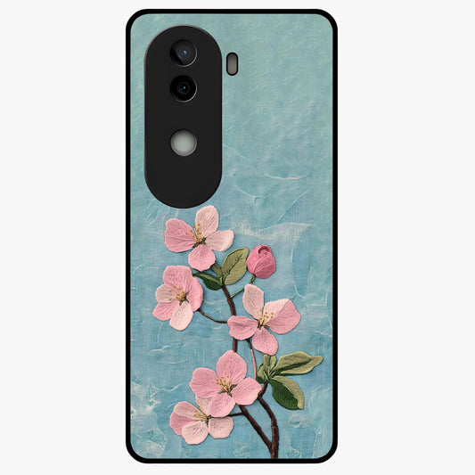 Threaded Blossom Breeze Glass Case showing flat back view with delicate blossom artwork and glossy glass finish.