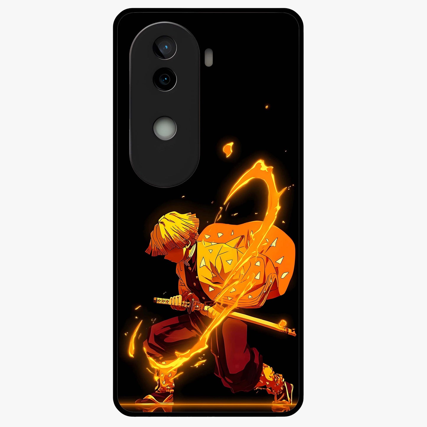 Thunder Flame Execution Glass Case showing flat back view with powerful flame and lightning artwork and glossy glass finish.