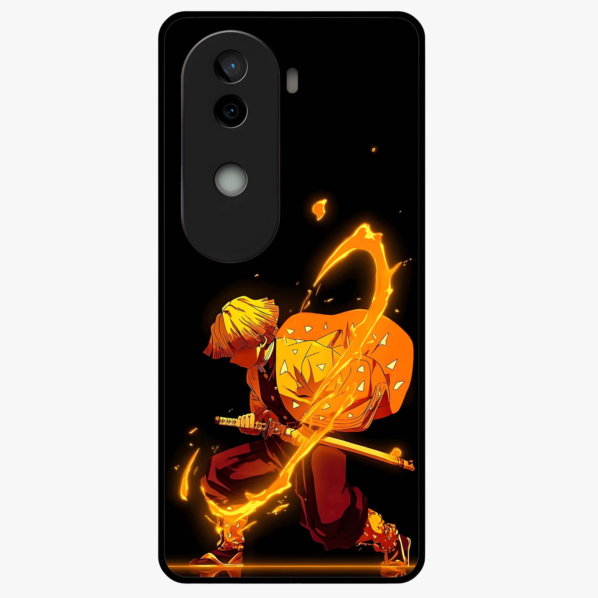 Thunder Flame Execution Glass Case showing flat back view with powerful flame and lightning artwork and glossy glass finish.