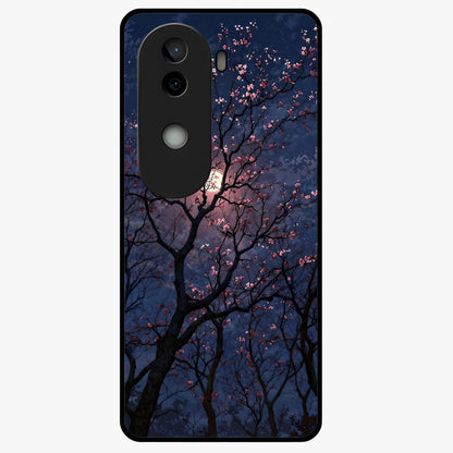 Twilight Sakura Serenade Glass Case showing flat back view with cherry blossom artwork at twilight and glossy glass finish.